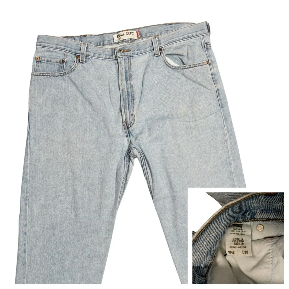Vtg Levis 505 Regular Fit Jeans Mens 42x30 Light Washed Patched Reinforced